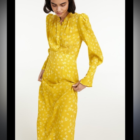 Dorothee Schumacher- NWT Yellow Longsleeve Eccentric Floral Silk Midi Dress - Picture 2 of 7